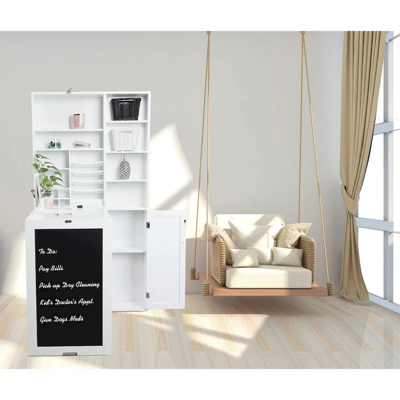 Wall-Mounted Fold-Down Desk Cabinet with Chalkboard and Open Shelving White