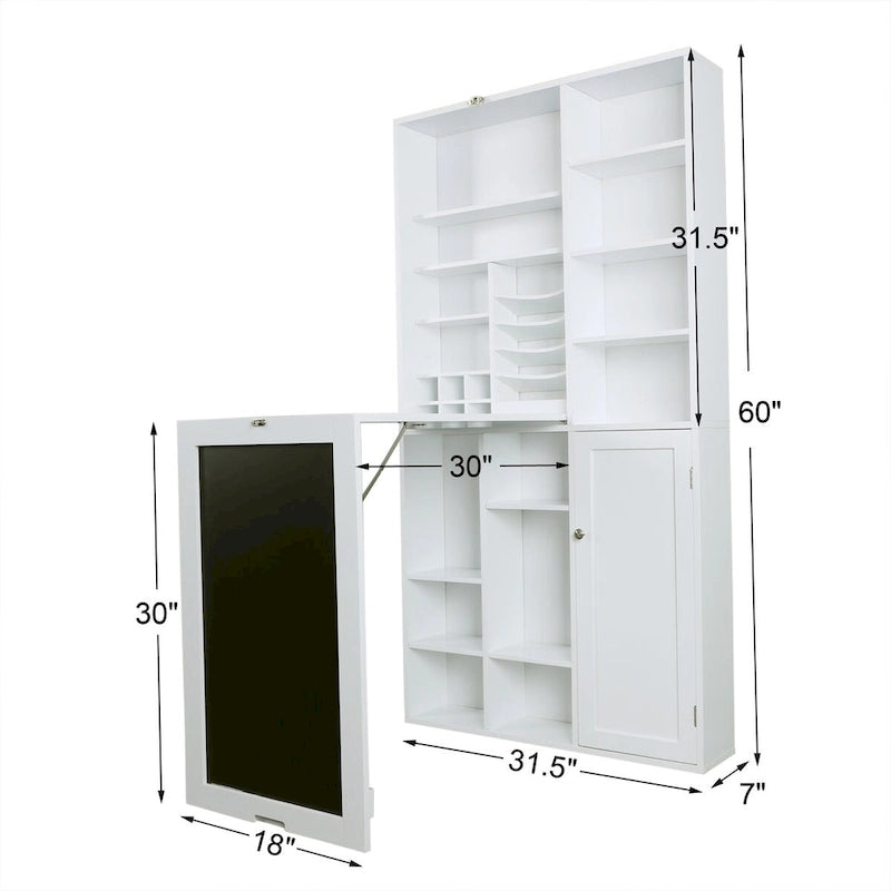 Wall-Mounted Fold-Down Desk Cabinet with Chalkboard and Open Shelving White