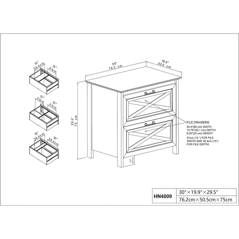 Washed Gray 2-Drawer Lateral Filing Cabinet with X-Accent Farmhouse Style