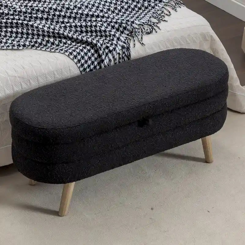 Black Boucle Fabric Upholstered Storage Bench with Wood Legs