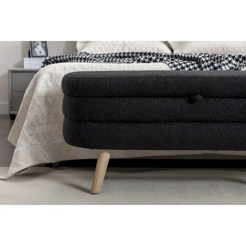 Black Boucle Fabric Upholstered Storage Bench with Wood Legs