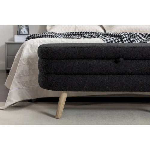 Black Boucle Fabric Upholstered Storage Bench with Wood Legs