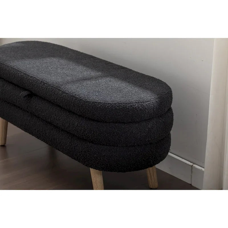 Black Boucle Fabric Upholstered Storage Bench with Wood Legs