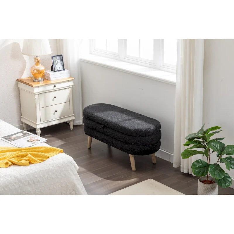 Black Boucle Fabric Upholstered Storage Bench with Wood Legs