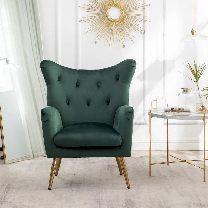 Button-Tufted Wing Back Velvet Accent Chair with Gold Legs