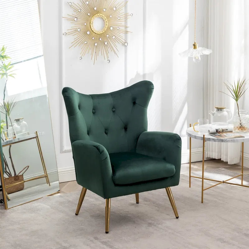 Button-Tufted Wing Back Velvet Accent Chair with Gold Legs