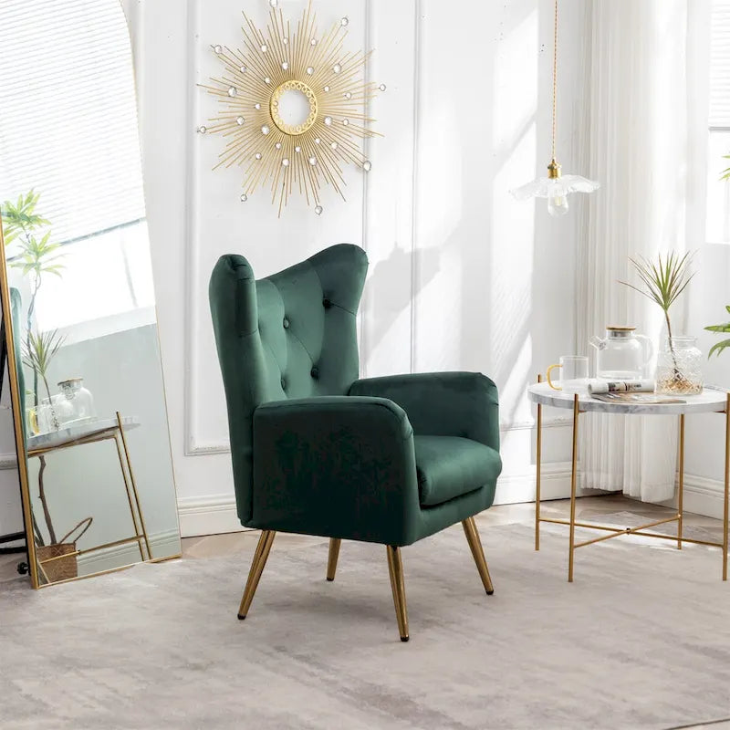 Button-Tufted Wing Back Velvet Accent Chair with Gold Legs