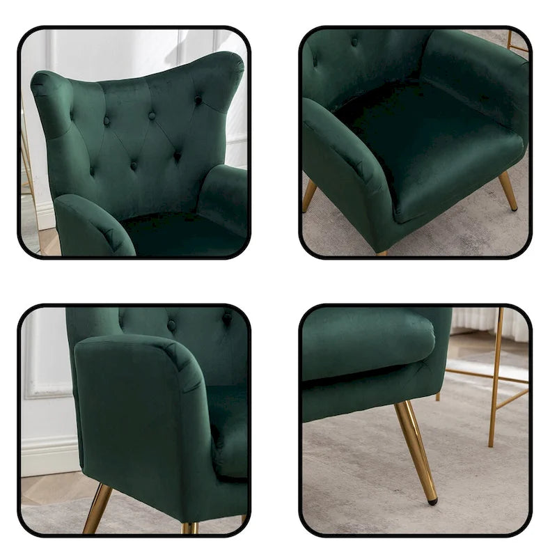 Button-Tufted Wing Back Velvet Accent Chair with Gold Legs