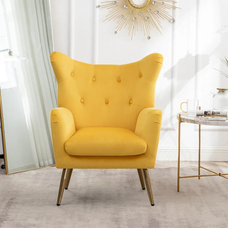 Button-Tufted Wing Back Velvet Accent Chair with Gold Legs