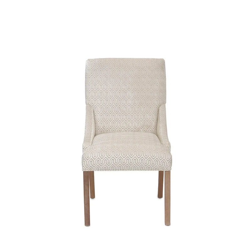 Silla de comedor tapizada con brazos de diseño transicional, patas de caucho y tela estampada