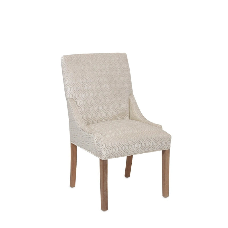 Silla de comedor tapizada con brazos de diseño transicional, patas de caucho y tela estampada