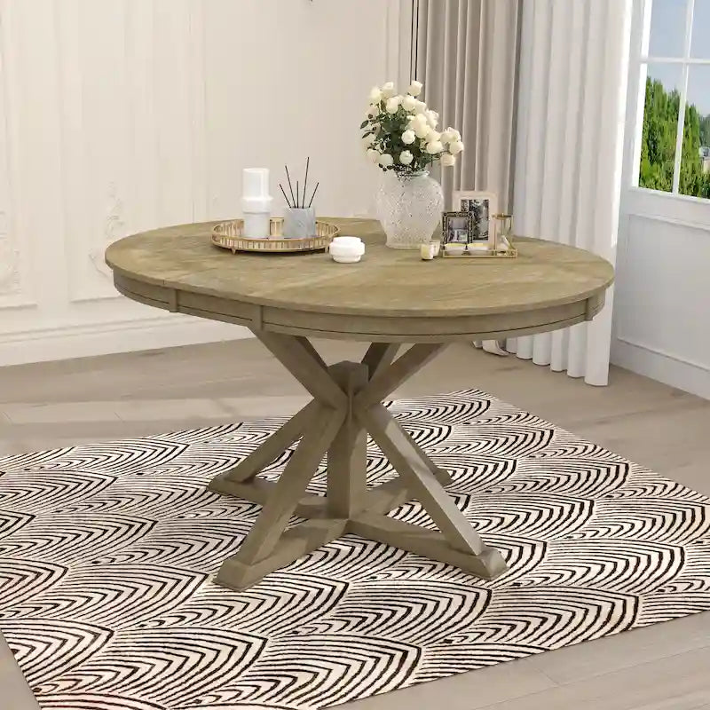 Round Extendable Dining Table with X-Base Pedestal, Natural Brown Espresso