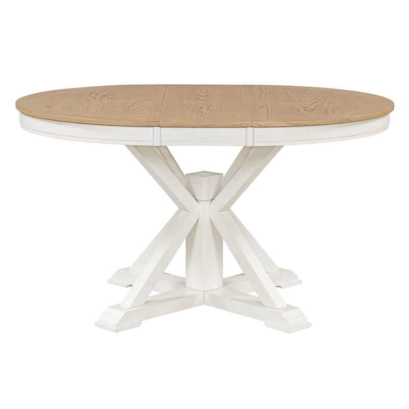Round Extendable Dining Table with X-Base Pedestal, Natural Brown Espresso