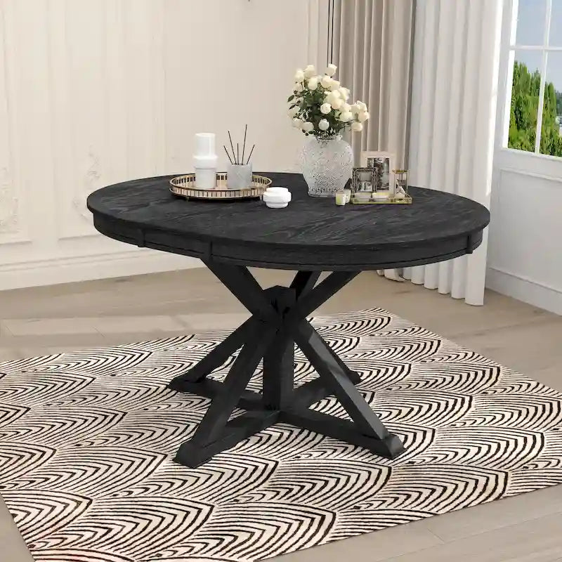 Round Extendable Dining Table with X-Base Pedestal, Natural Brown Espresso