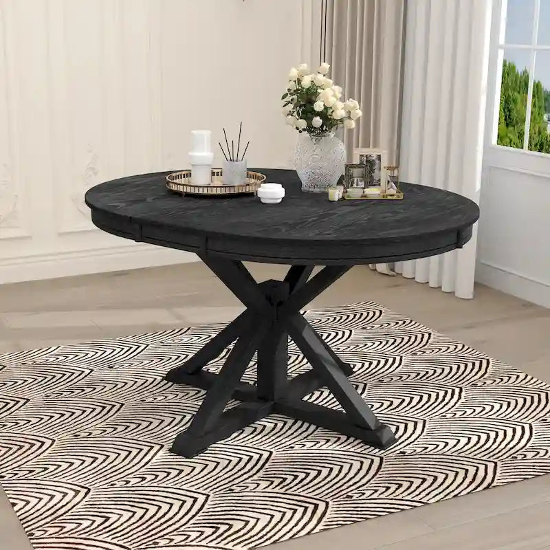 Round Extendable Dining Table with X-Base Pedestal, Natural Brown Espresso