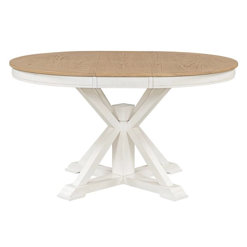 Round Extendable Dining Table with X-Base Pedestal, Natural Brown Espresso