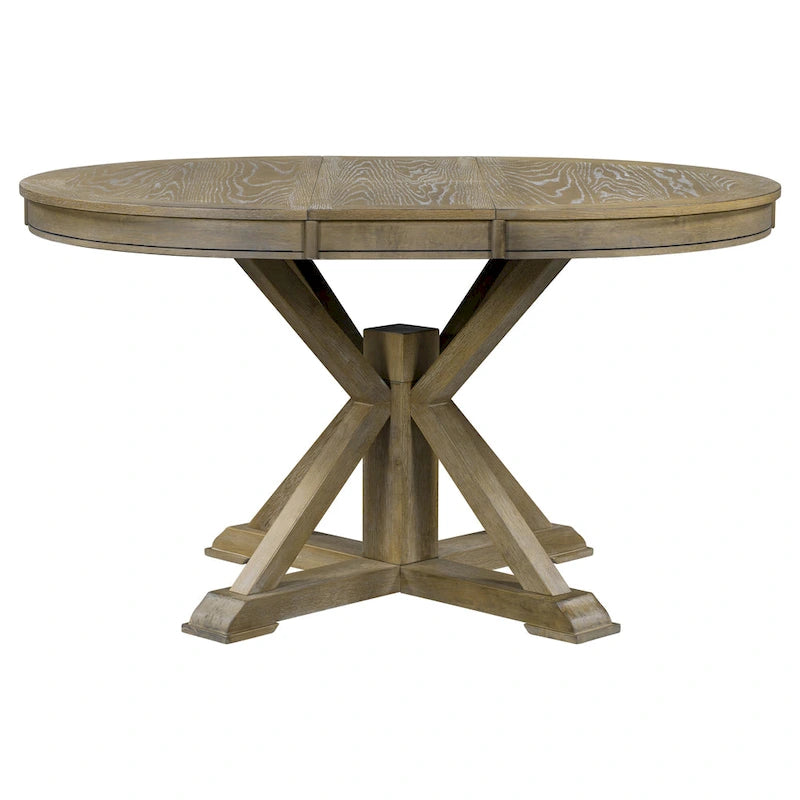 Round Extendable Dining Table with X-Base Pedestal, Natural Brown Espresso
