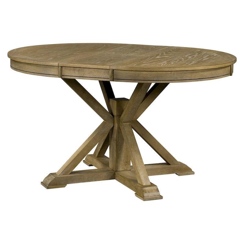 Round Extendable Dining Table with X-Base Pedestal, Natural Brown Espresso