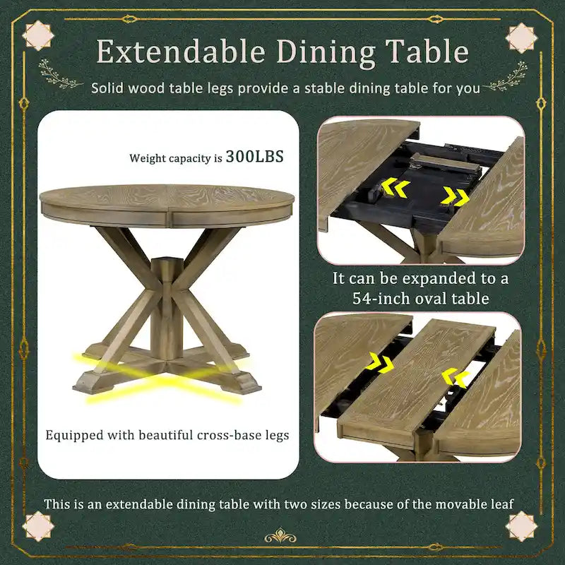 Round Extendable Dining Table with X-Base Pedestal, Natural Brown Espresso