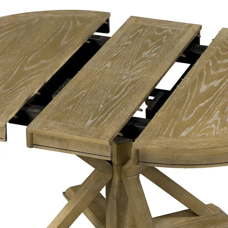 Round Extendable Dining Table with X-Base Pedestal, Natural Brown Espresso