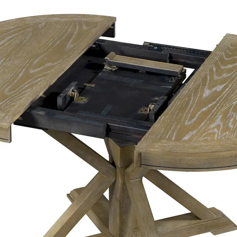 Round Extendable Dining Table with X-Base Pedestal, Natural Brown Espresso