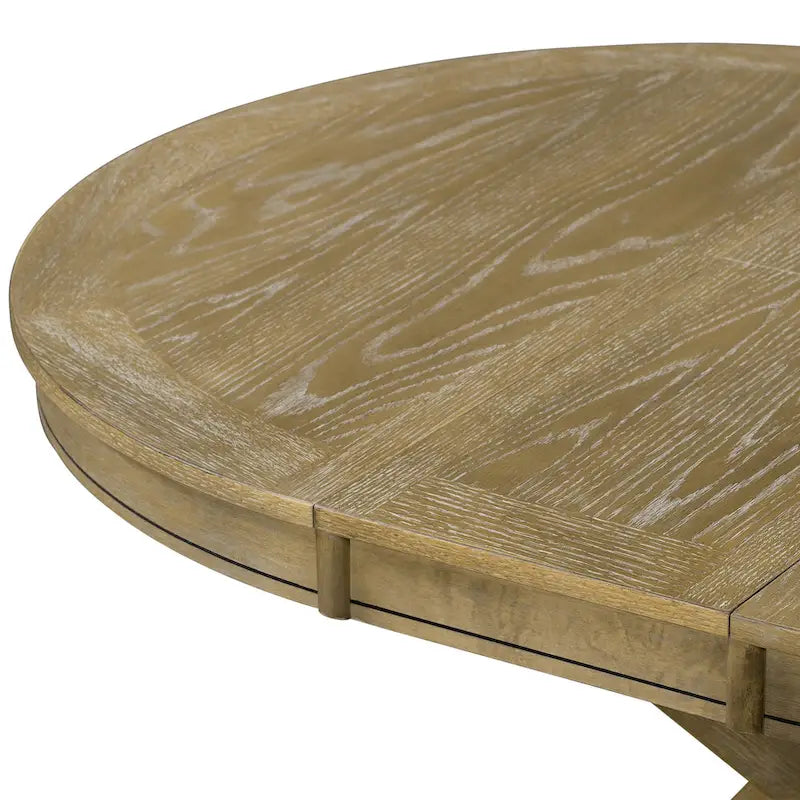 Round Extendable Dining Table with X-Base Pedestal, Natural Brown Espresso