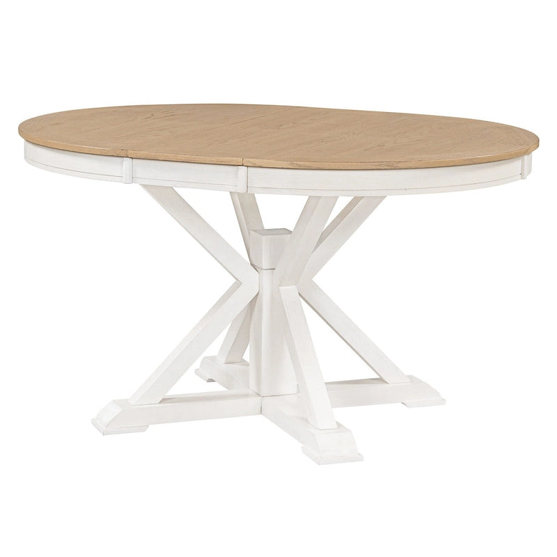 Round Extendable Dining Table with X-Base Pedestal, Natural Brown Espresso