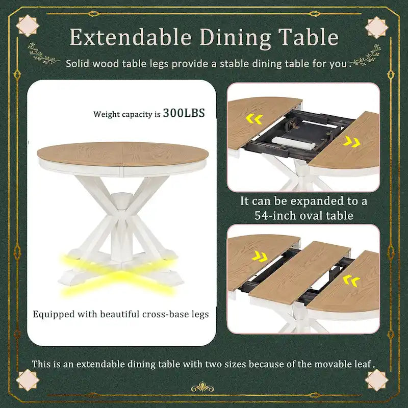 Round Extendable Dining Table with X-Base Pedestal, Natural Brown Espresso
