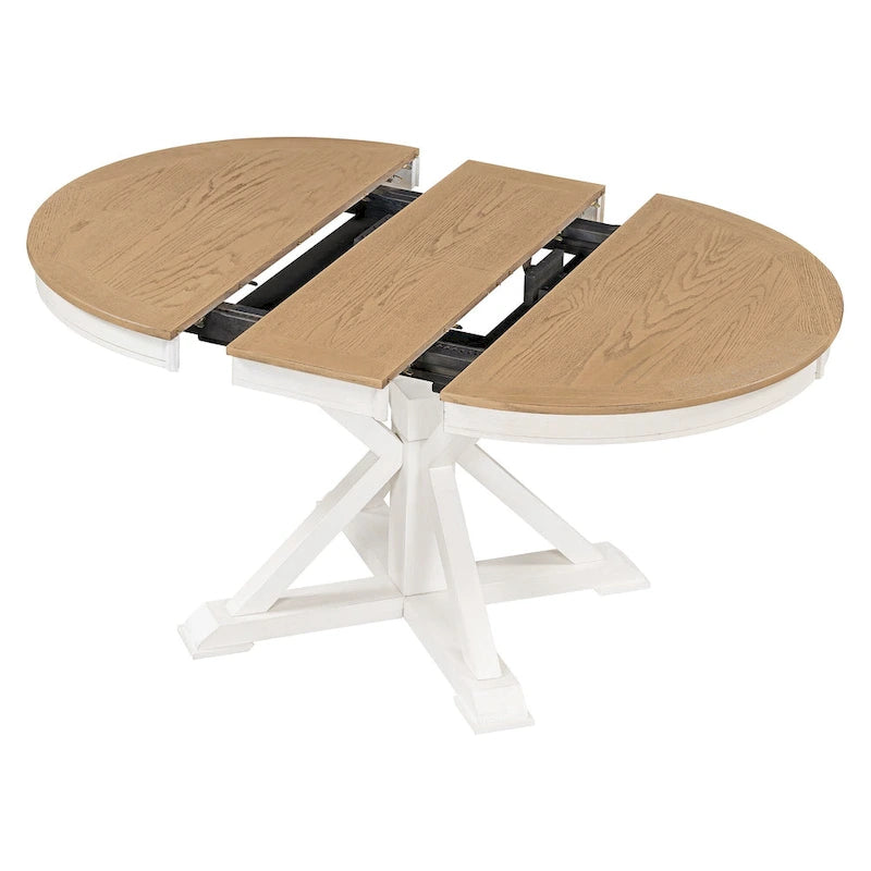 Round Extendable Dining Table with X-Base Pedestal, Natural Brown Espresso