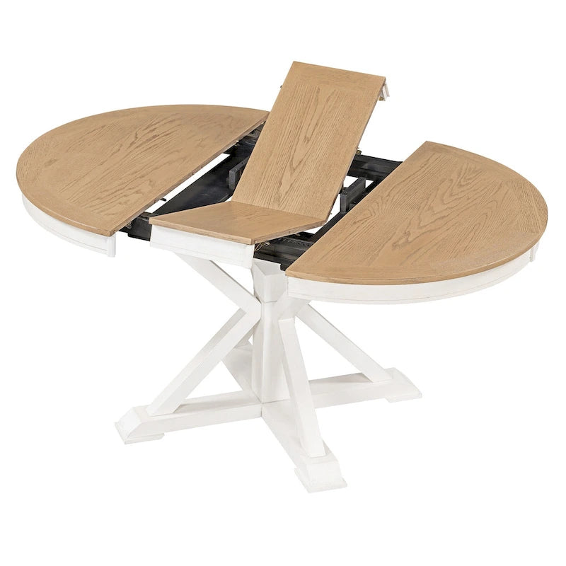 Round Extendable Dining Table with X-Base Pedestal, Natural Brown Espresso