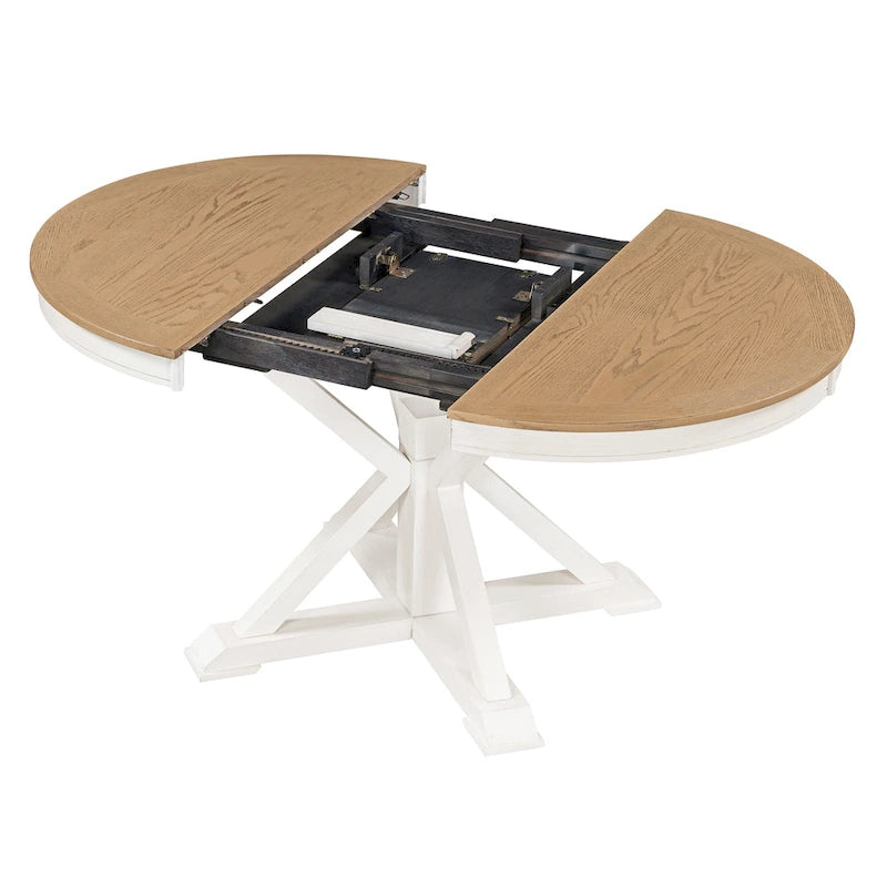 Round Extendable Dining Table with X-Base Pedestal, Natural Brown Espresso