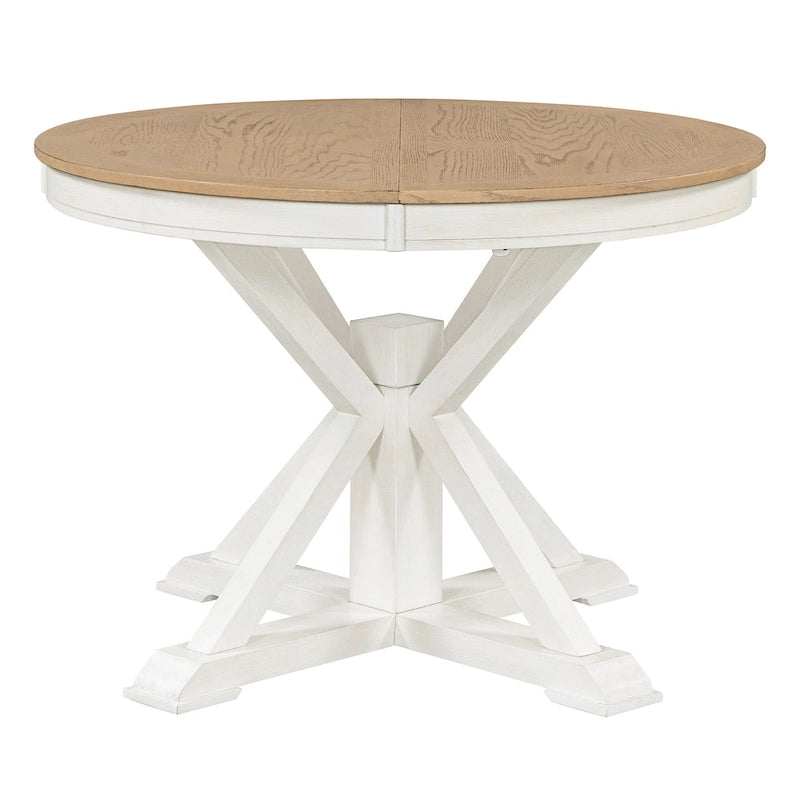 Round Extendable Dining Table with X-Base Pedestal, Natural Brown Espresso