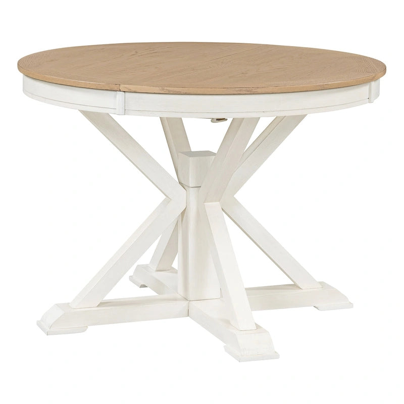 Round Extendable Dining Table with X-Base Pedestal, Natural Brown Espresso