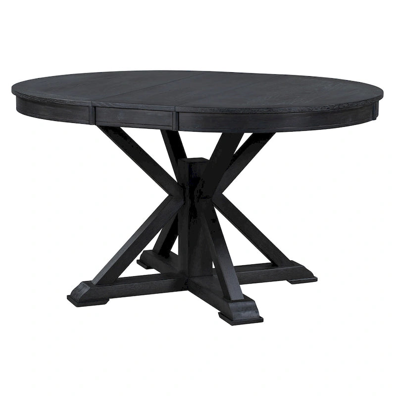 Round Extendable Dining Table with X-Base Pedestal, Natural Brown Espresso