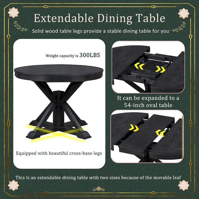 Round Extendable Dining Table with X-Base Pedestal, Natural Brown Espresso