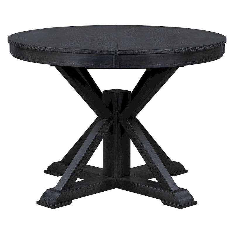 Round Extendable Dining Table with X-Base Pedestal, Natural Brown Espresso