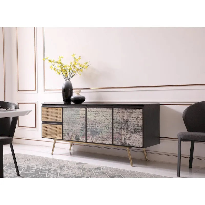 Smoked Ash Brass Buffet with Decoupage Doors and Gold Tapered Legs