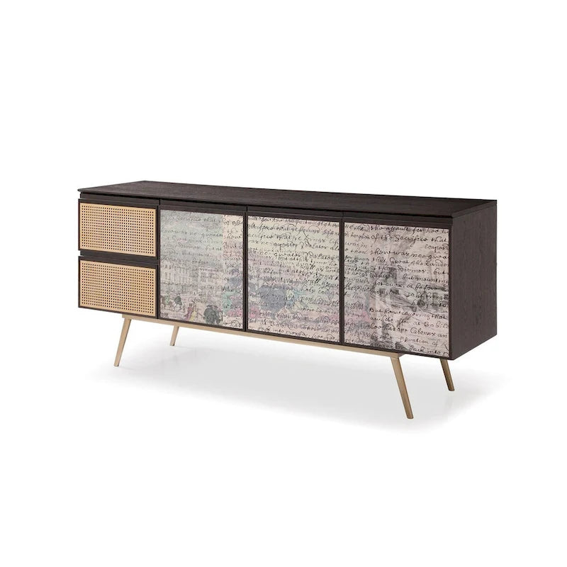 Smoked Ash Brass Buffet with Decoupage Doors and Gold Tapered Legs