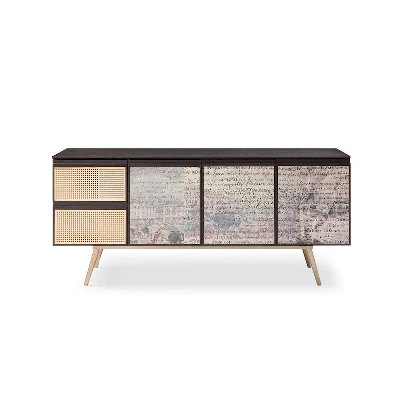 Smoked Ash Brass Buffet with Decoupage Doors and Gold Tapered Legs