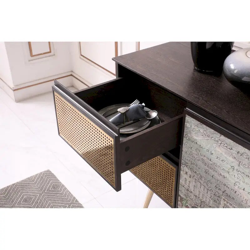 Smoked Ash Brass Buffet with Decoupage Doors and Gold Tapered Legs