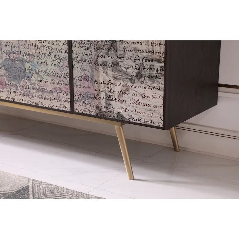 Smoked Ash Brass Buffet with Decoupage Doors and Gold Tapered Legs