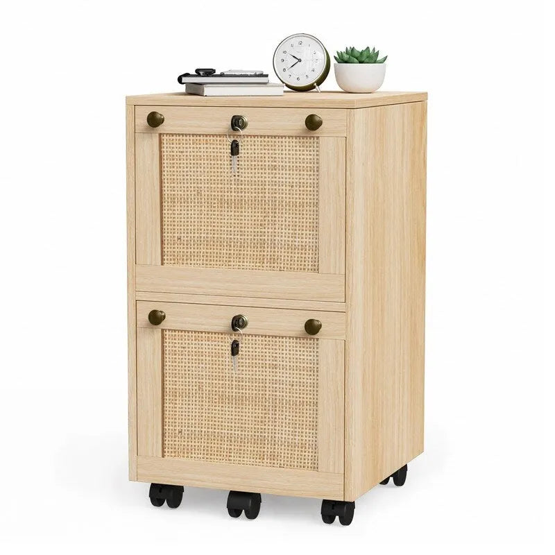 Rattan Front 2-Drawer Rolling File Cabinet with Lock, Oak Finish