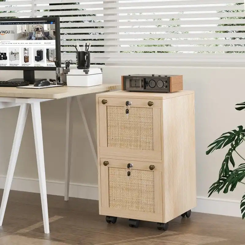Rattan Front 2-Drawer Rolling File Cabinet with Lock, Oak Finish