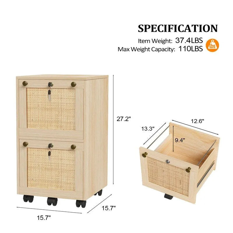 Rattan Front 2-Drawer Rolling File Cabinet with Lock, Oak Finish