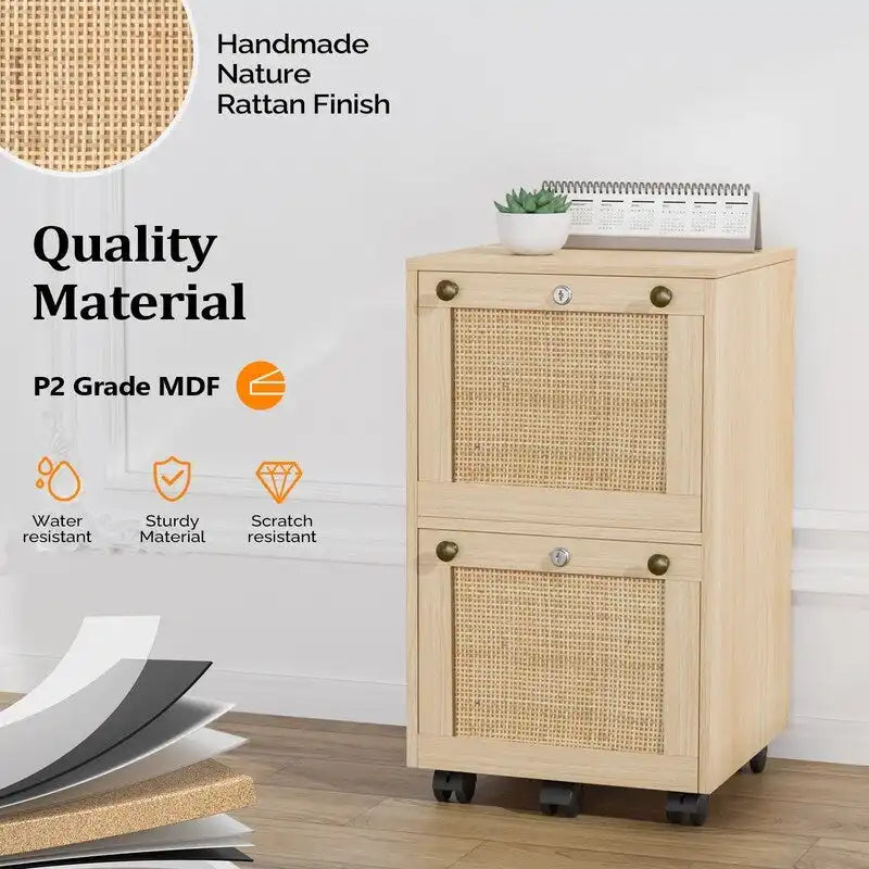 Rattan Front 2-Drawer Rolling File Cabinet with Lock, Oak Finish