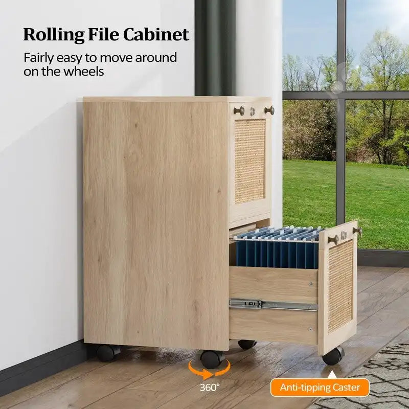 Rattan Front 2-Drawer Rolling File Cabinet with Lock, Oak Finish