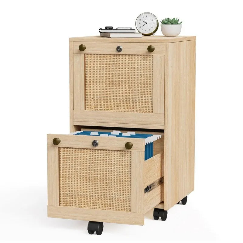Rattan Front 2-Drawer Rolling File Cabinet with Lock, Oak Finish