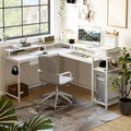 L-Shaped Home Office Desk with LED Lights Power Outlet File Drawer Storage Hutch