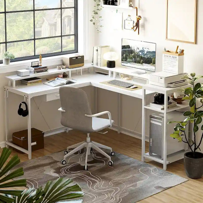 L-Shaped Home Office Desk with LED Lights Power Outlet File Drawer Storage Hutch