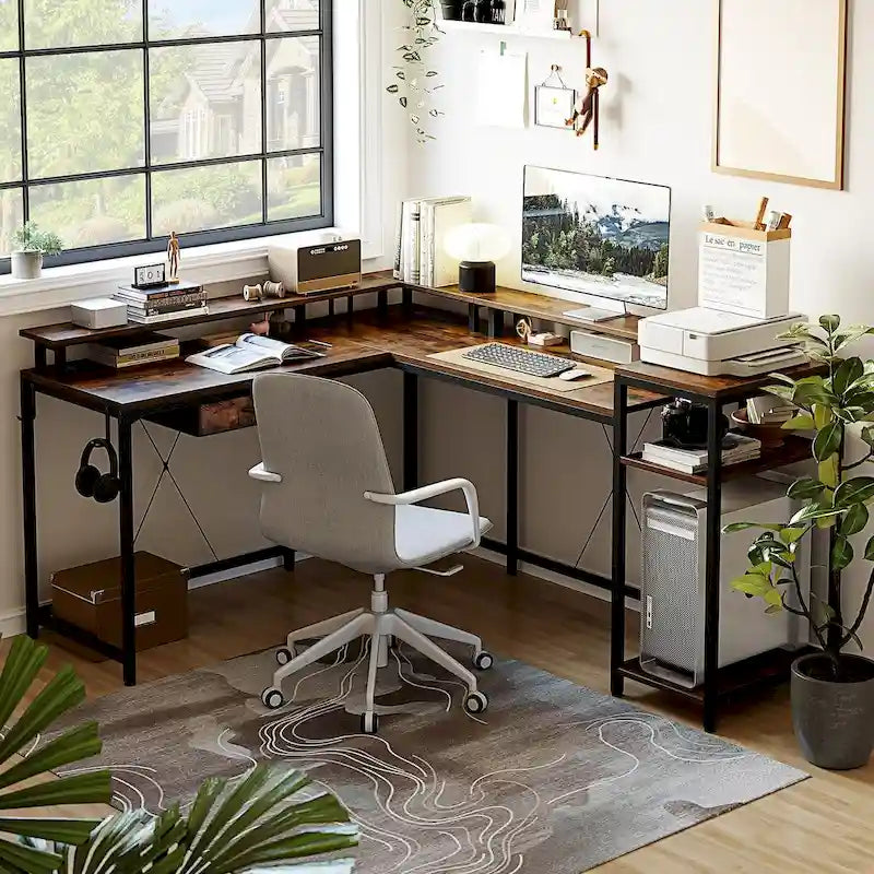 L-Shaped Home Office Desk with LED Lights Power Outlet File Drawer Storage Hutch